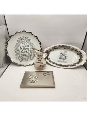 Sherry 25th Anniversary 7" Plate Dish Pitcher Plaque Ivory & Silver Lot 4 JAPAN